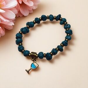 Hand Crafted Turquoise Howlite Beaded Stretch Bracelet with Wine Glass Charm
